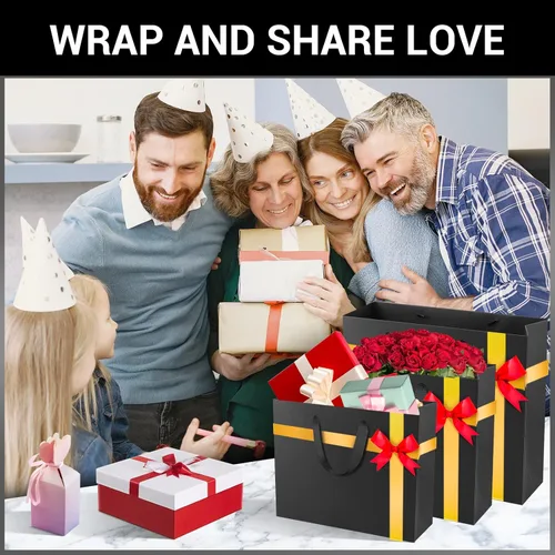 Miniatura 6 de EUSOAR Bolsas de regalo a granel, 30 bolsas de papel de estraza reutilizables con asa de artesanía de color negro resistente con 3 tamaños, bolsas