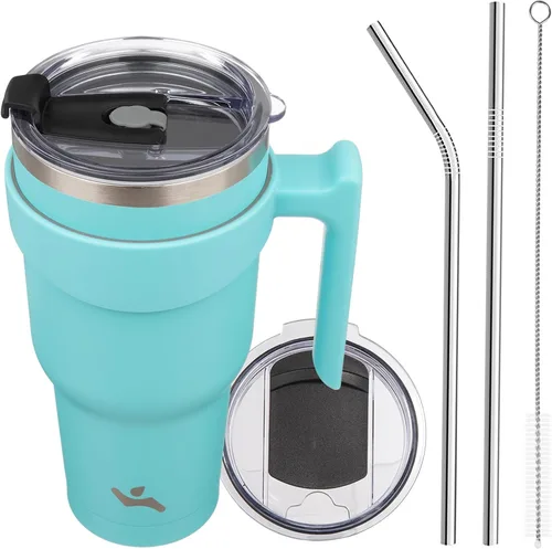 Miniatura 78 de Konokyo - Vaso de 10 onzas con asa y 2 popotes, 2 tapas, botella de agua aislada de acero inoxidable, taza de viaje reutilizable, color verde militar
