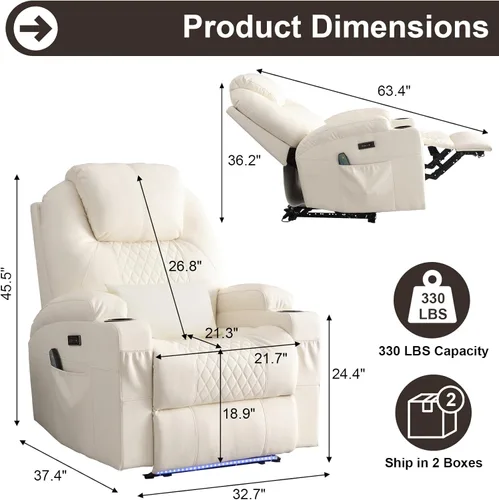 Miniatura 3 de AHMED Silla reclinable eléctrica con masaje por vibración y calor para adultos, asiento de cine en casa de piel sintética con portavasos, luces LED