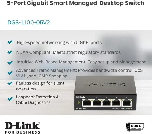 Miniatura 2 de D-Link Conmutador Ethernet gestionado inteligente Gigabit de 5 puertos, L2, VLAN, QoS, IGMP Snooping, LAG, interfaz de usuario web, metal resistente