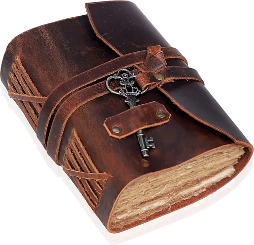 Diario de cuero para mujeres y hombres, Cuaderno de papel con borde envejecido de 180 GSM, Diario en blanco del Libro de las Sombras, Diario Marrón