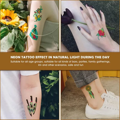 Miniatura 6 de Tatuajes que brillan en la oscuridad, 12 hojas de tatuajes de neón, tatuajes falsos, accesorio para festivales rave, tatuaje temporal para mujeres