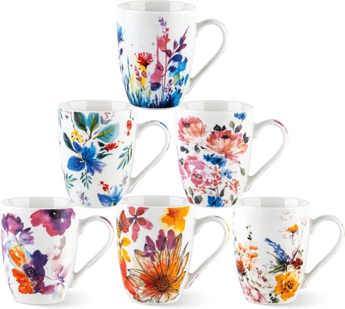 Miniatura 15 de GBhome Juego de 6 tazas de café de 12 onzas, tazas de café de cerámica con flores adhesivas para hombre, mujer, mamá, papá, juego de tazas de café