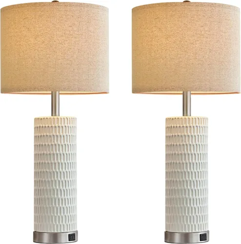 Miniatura 5 de Reaketon Juego de 2 lámparas blancas de 67.3 cm para recámara, lámparas de mesa modernas para sala de estar con puertos USB C+A, lámparas táctiles