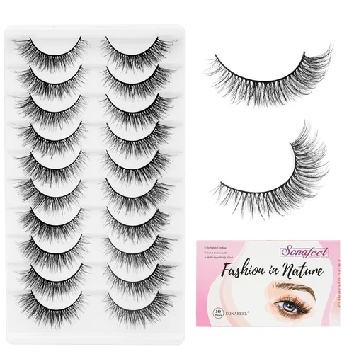 Miniatura 9 de Pestañas naturales de ojo de gato, ligeras, reutilizables, con banda transparente, paquete de 10 pares, pestañas postizas de visón sintético