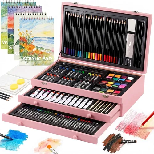 Juego de arte de lujo de 194 piezas, suministros de pintura y dibujo con 4 blocs de dibujo, pinturas acrílicas, crayones, juego de lápices de Rosa