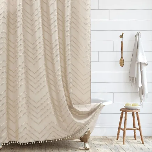 Siiluminisoy Cortina de Ducha Boho Estilo Granja de Tela Tejida Bonita Cortina de Ducha Beige, 72 x 72 pulgadas Con Mechones Chevron Texturizada A