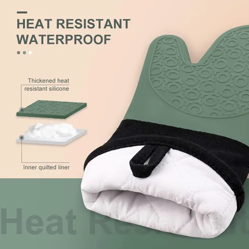 Miniatura 2 de sungwoo Guantes de horno de silicona extralargos, resistentes al calor, con forro acolchado, agarre texturizado antideslizante, perfectos para Verde