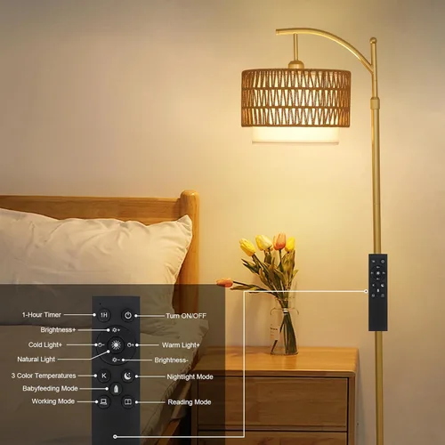 Miniatura 7 de Lámparas de pie doradas para sala de estar con control remoto y bombilla LED regulable, lámpara de pie de arco moderna con 3 temperaturas