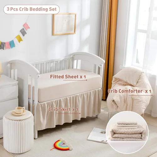 Miniatura 3 de Cokouchyi Juego de ropa de cama de 3 piezas para niño y niña, juego de cuna geométrico acolchado de jacquard, incluye falda, manta y sábana, ropa