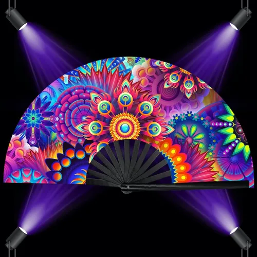 Miniatura 9 de Zolee Ventilador de mano plegable UV Glow Rave con varillas de bambú para hombres y mujeres, gran ventilador de festival Clack - para EDM, fiesta