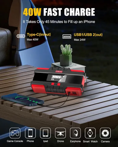 Miniatura 6 de PJS06 Pro 6000A Arrancador de Coche (Todo Gas y Diésel de 12L), Banco de Energía Portátil de 74Wh con Carga Rápida de 40W, Pantalla LCD Inteligente