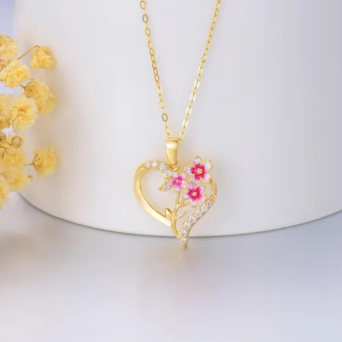 Miniatura 28 de Collar de flor de nacimiento de oro real de 14 quilates para mujer, oro amarillo creado moissanita con colgante de corazón, collares
