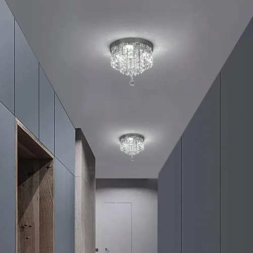 Miniatura 4 de Deckrico Candelabro de cristal moderno LED para techo, montaje empotrado, de acero inoxidable, pantalla de luz con cuentas para dormitorio, comedor
