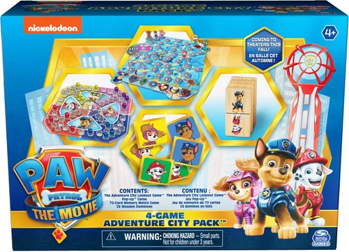 PAW Patrol: The Movie, Paquete de 4 Juegos de Adventure City Memory Match, Pop-Up, Dominó de Madera y Juegos Lookout, Juguetes de PAW Patrol para