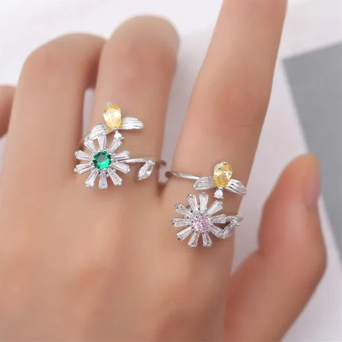 Miniatura 4 de Anillo ajustable para mujer anillo de piedra natal circonita cúbica anti ansiedad apertura de flores y abejas anillo giratorio para niña anillo
