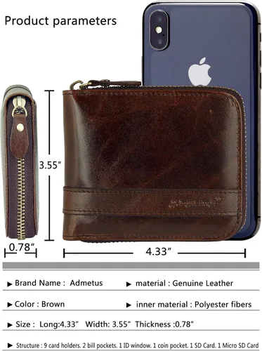 Miniatura 19 de Admetus - Cartera de piel auténtica para hombre con cremallera, plegable