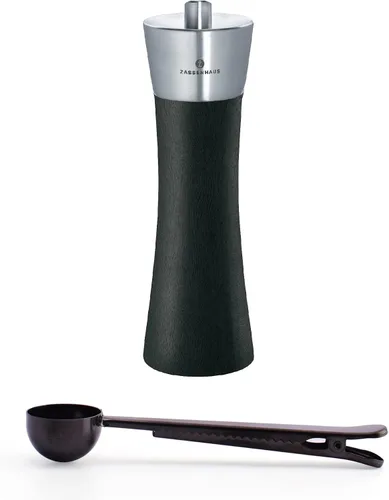 Zassenhaus Augsburg Molinillo de pimienta, juego de regalo de 7 pulgadas, negro y acero inoxidable, con cuchara de especias de acero inoxidable y