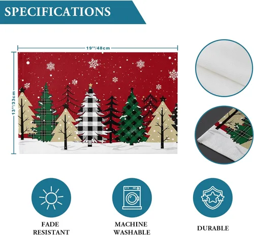 Miniatura 7 de Juego de 4 manteles individuales de árbol de Navidad, mantel rojo para decoración de mesa de comedor, manteles lavables de lino de algodón a cuadros