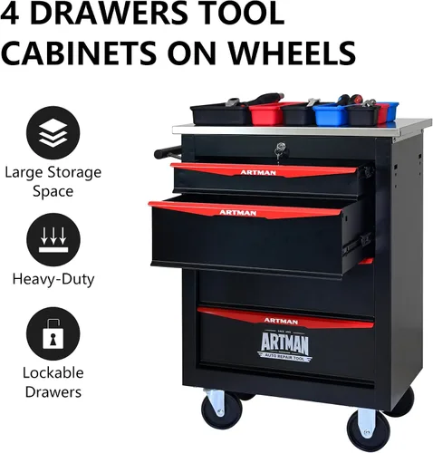 Miniatura 7 de Runboll Caja de Herramientas Rodante de 4 Cajones con Casillero, Carro de Herramientas de Metal Móvil con Cerradura de 22.2" de Profundidad, Caja