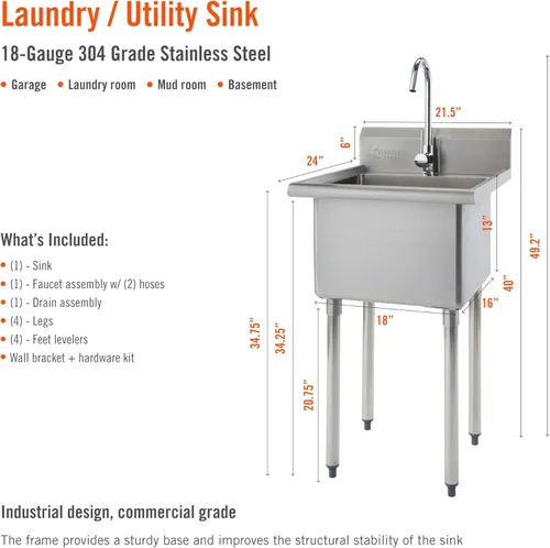 Miniatura 3 de TRINITY BASICS Fregadero independiente de acero inoxidable de un solo compartimento con grifo cromado, certificado NSF, para garaje, lavandería