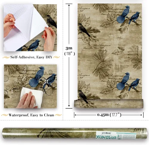 Miniatura 3 de Papel tapiz autoadhesivo con diseño de pájaros, 17.7 x 9.8 pies, diseño floral vintage, extraíble, autoadhesivo, para estantes y cajones