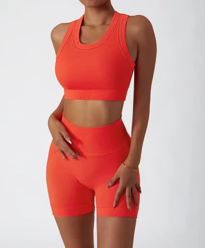 Miniatura 9 de Conjuntos de entrenamiento para mujer, 2 piezas, sin costuras, acanalada, sin mangas, brasier deportivo, cintura alta, pantalones cortos