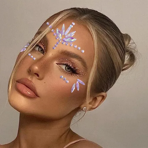 Miniatura 3 de Gemas Faciales de Sirena Joyas Adhesivas para Halloween Cuerpo Ojos Cara Joyas Gemas para Festivales Rave Tatuajes con Purpurina Cristales Púrpura