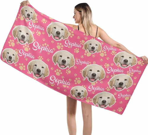Miniatura 10 de MyPupSocks Toallas de playa personalizadas para niños y adultos, toalla de piscina con nombre y cara de perro, regalos personalizados con nombre