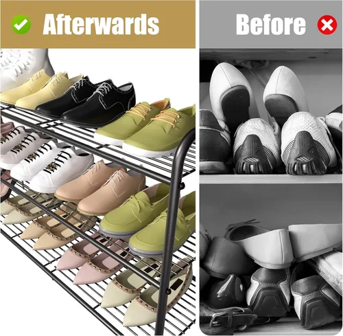 Miniatura 5 de Zapatero de metal largo de 3 niveles, estante organizador de zapatos apilable ajustable de gran capacidad para entrada de armario, bronce 42