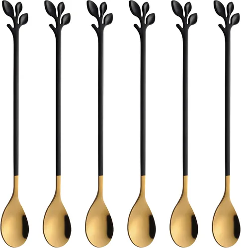 Miniatura 10 de AnSaw 6 cucharaditas elegantes de mango largo de hoja negra, cucharas de acero inoxidable de 7.4 pulgadas para café y té, perfectas para mezclar