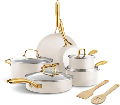 GreenPan Juego de utensilios de cocina Swift antiadherentes de 12 piezas, ollas y sartenes de cerámica sin PFAS con tapas, apto para lavavajillas y