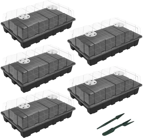 Gardzen Juego de 5 bandejas de inicio de semillas, bandejas duraderas para germinación de plantas con cúpulas y bases ventiladas de humedad, ideal