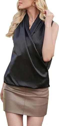 Miniatura 4 de LYANER Elegante blusa de satén con cuello en V sin mangas para mujer