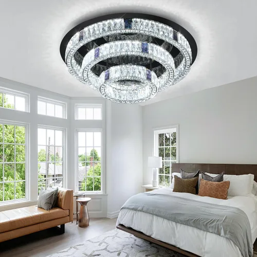 Miniatura 7 de Candelabro de cristal LED moderno de 32 pulgadas para sala de estar, lámpara redonda de cristal de 3 niveles, lámpara de techo de cristal negro