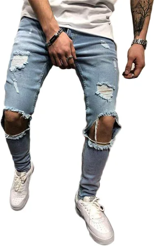 Andongnywell - Pantalones de mezclilla con cremallera para hombre elásticos rasgados rasgados y rasgados pierna cónica pantalones de mezclilla con