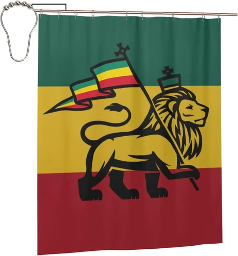 Cortina de ducha impermeable con diseño de bandera de león, reggae rasta, verde, amarillo, rojo, para bañera, 12 ganchos inoxidables para decorar el