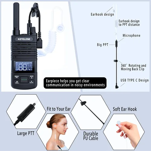 Miniatura 4 de KETELESE T1 FRS Walkie Talkie Set para adultos, radio bidireccional de largo alcance, con auricular de radio familiar Walkie-Talkie, NOAA, VOX