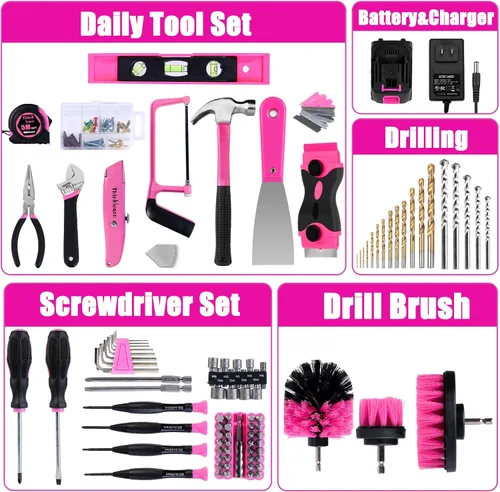 Miniatura 7 de ThinkLearn - Kit de herramientas con taladro inalámbrico de 20 V (265 lb-in), juego de taladro rosa para mujeres, kit de herramientas para el hogar
