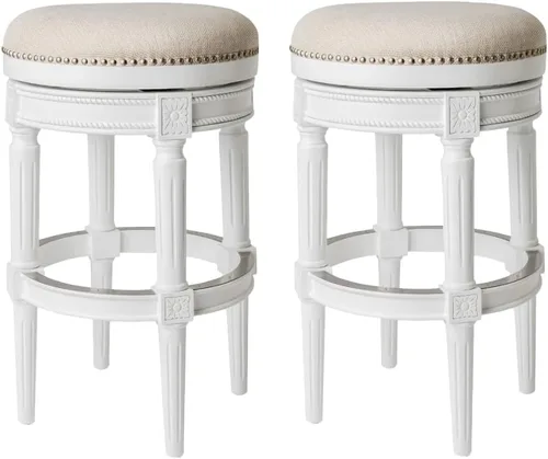 Miniatura 21 de Maven Lane Pullman Taburete de Bar de Madera Giratorio 180 Grados sin Respaldo de 30" de Altura con Ribete de Tachuelas, Acabado Blanco Alabastro