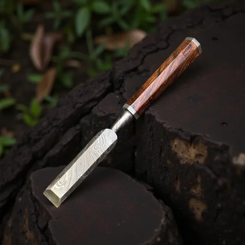 Miniatura 4 de Juego de cinceles de madera de 5 piezas – Cuchillas de borde biselado de acero de Damasco forjadas a mano con cubiertas de cuero y asas