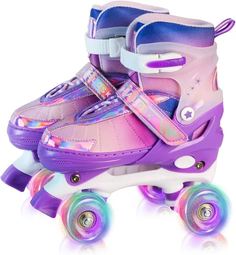 Miniatura 7 de Patines de ruedas para niñas principiantes de 5 a 12 años, patines de cuatro ruedas ajustables color rosa morado arcoíris para jóvenes con todas