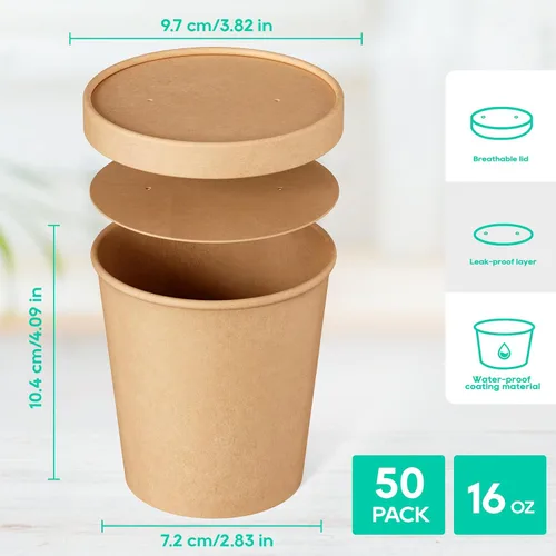 Miniatura 2 de JOLLY PARTY Paquete de 50 recipientes de papel para sopa de 16 onzas con tapas, vasos de papel desechables para alimentos, tazas de helado