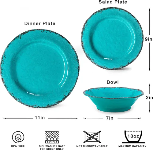 Miniatura 6 de LEHAHA Juego de Vajilla de 12 Piezas de Melamina Vintage Incluye 4 Platos de Cena, 4 Platos de Ensalada y 4 Cuencos, Servicio para 4, Vajilla