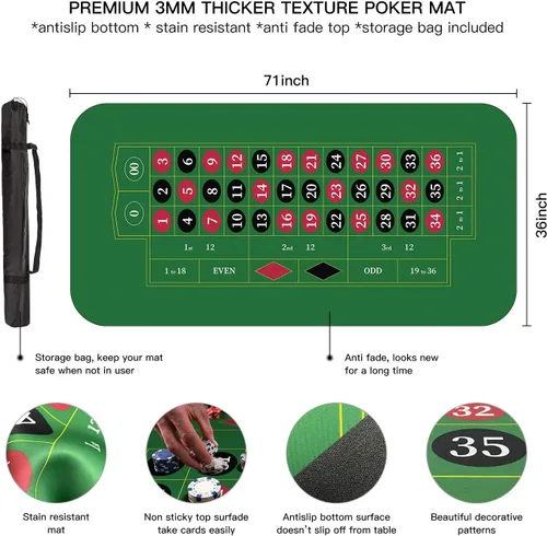 Miniatura 4 de YUZPKRSI Tapete de casino de ruleta de 70 x 35 pulgadas, tapete de póquer enrollable para mesa con bolsa de transporte, diseño de tapete de mesa