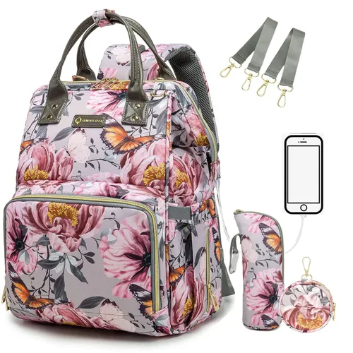 Miniatura 16 de Mochila para pañales con puerto de carga USB, correas para cochecito y bolsillo aislado, mochila militar del ejército de viaje para papá/mamá negro