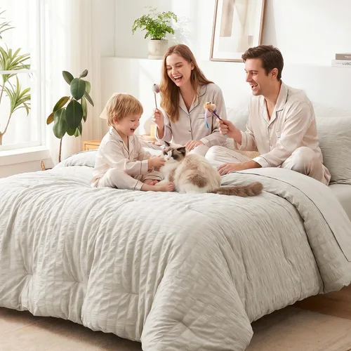 Miniatura 7 de CozyLux Juego de ropa de cama con edredón tamaño King Beige Seersucker de 7 piezas, juego de cama en una bolsa, con edredón, sábanas, fundas
