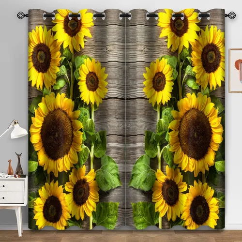 Miniatura 9 de Aimego - Cortinas opacas rústicas con flores de girasol, cortinas para oscurecer la habitación, estilo granja, paneles de madera, mariposas azules