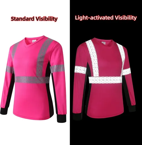 Miniatura 4 de Playera de Seguridad para Mujer, Camiseta Reflectante de Alta Visibilidad para Mujer con Patrón Reflectante Inusual, Manga Corta Transpirable rosa