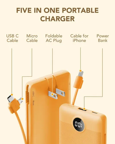 Miniatura 3 de VRURC Cargador portátil con cables integrados y enchufe de pared de CA, cargador de batería USB C de 10000 mAh, cargador de batería de viaje, Naranja